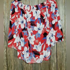 Jennifer Lopez Red Floral Off-Shoulder Blouse